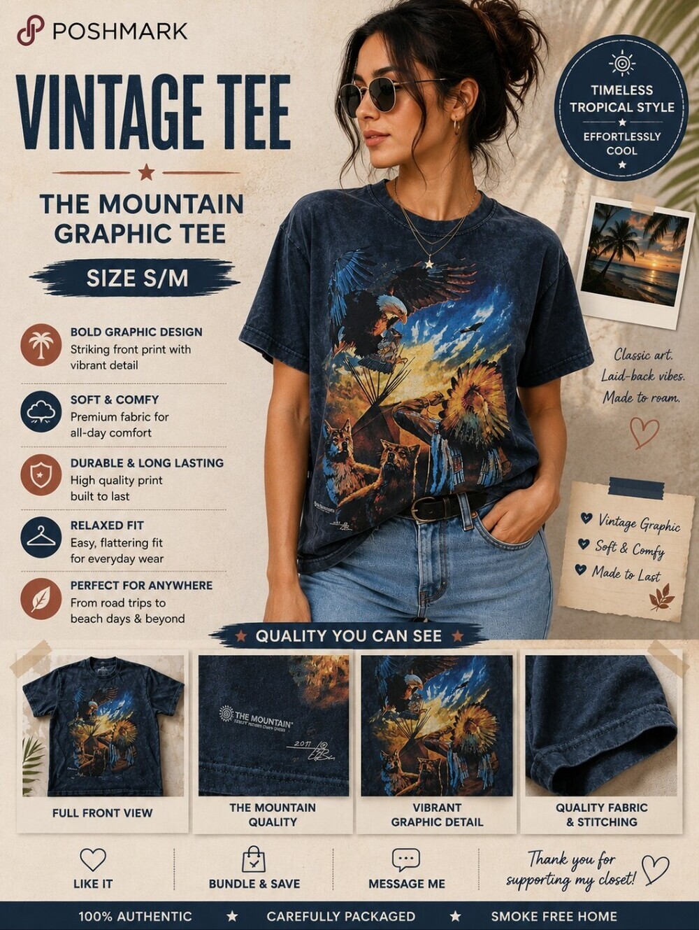 The Mountain 2007 Vintage Graphic Tee Wolf Eagle Native American Print | Mineral